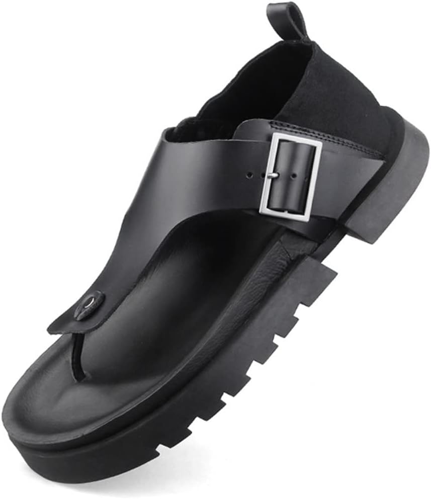 Vintage Men's Thick Platform Flip Flop Sandals – Premium Genuine Leather Male Beach Sandals with Adjustable Buckle, Comfortable Casual Summer Shoes (Size 9)