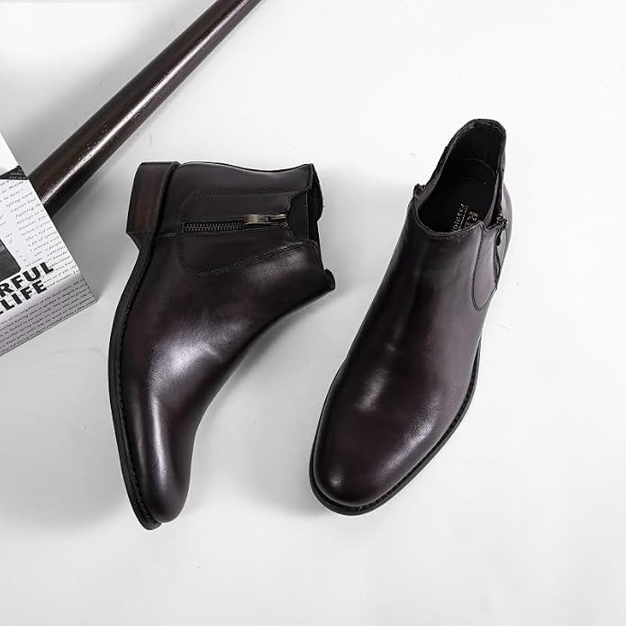 Vintage Men's Retro Zippered Formal Leather Boots – Classic Wingtip Oxford Lace-Up Shoes, Breathable Non-Slip Business Dress Boots for All-Day Wear