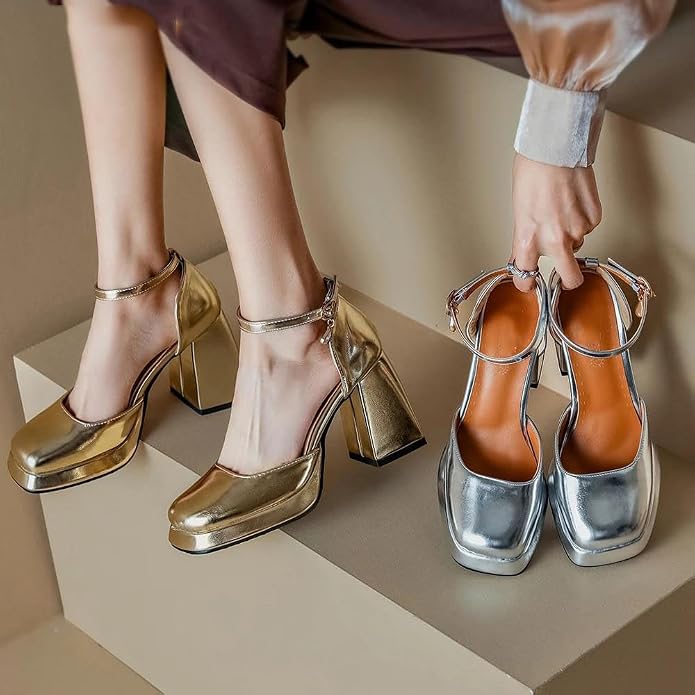Elegant Women's Gold & Silver Platform Pumps with Thick High Heels – Metallic Mirror Finish Square Toe Mary Jane Shoes, Stylish Block Heel Formal Dress Pumps for Ladies