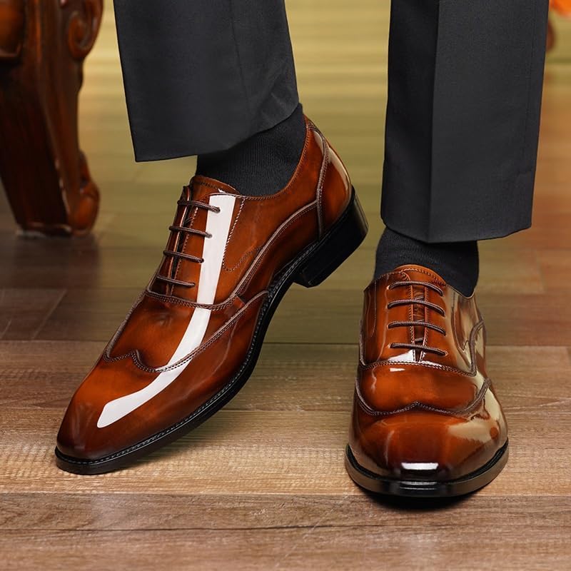 Premium Men's Leather Oxford Dress Shoes – Classic Wingtip Brogue Lace-Up Formal Footwear, Comfortable Breathable Tuxedo Shoes for Business, Weddings, and Office Wear (Brown)