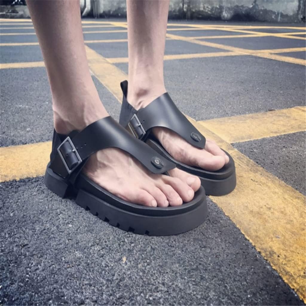 Vintage Men's Thick Platform Flip Flop Sandals – Premium Genuine Leather Male Beach Sandals with Adjustable Buckle, Comfortable Casual Summer Shoes (Size 9)
