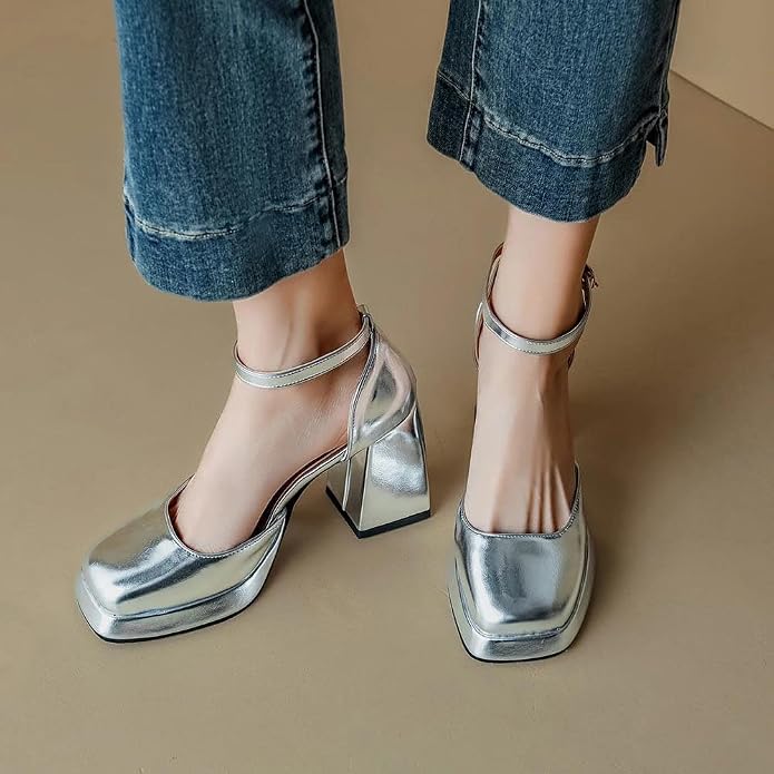 Elegant Women's Gold & Silver Platform Pumps with Thick High Heels – Metallic Mirror Finish Square Toe Mary Jane Shoes, Stylish Block Heel Formal Dress Pumps for Ladies