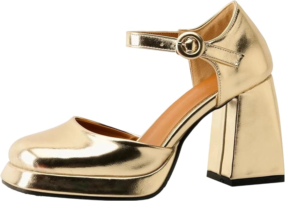Elegant Women's Gold & Silver Platform Pumps with Thick High Heels – Metallic Mirror Finish Square Toe Mary Jane Shoes, Stylish Block Heel Formal Dress Pumps for Ladies
