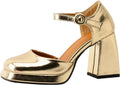 Elegant Women's Gold & Silver Platform Pumps with Thick High Heels – Metallic Mirror Finish Square Toe Mary Jane Shoes, Stylish Block Heel Formal Dress Pumps for Ladies