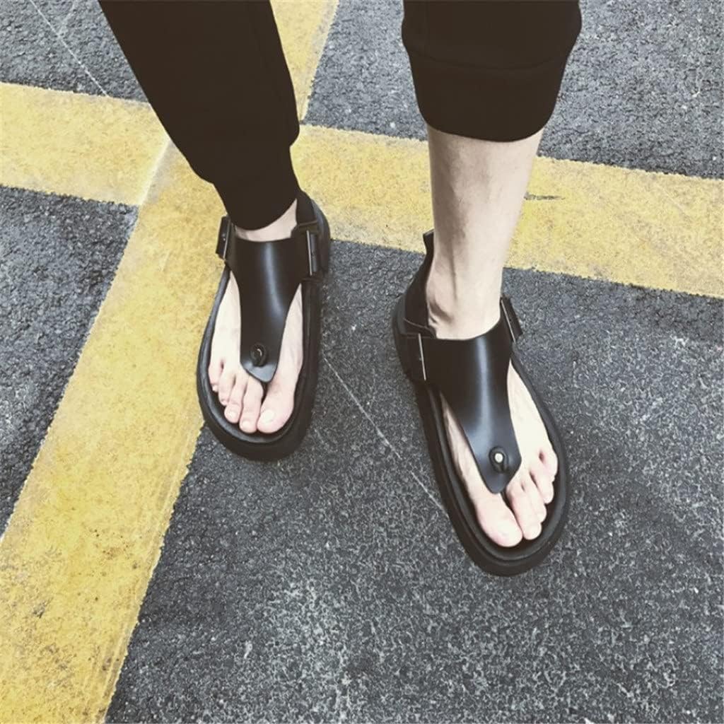 Vintage Men's Thick Platform Flip Flop Sandals – Premium Genuine Leather Male Beach Sandals with Adjustable Buckle, Comfortable Casual Summer Shoes (Size 9)